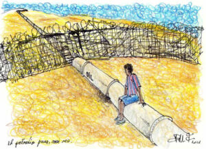 Eine Grafik von Franceso Piobicchi, die einen Migranten auf einer Ölleitung vor Stacheldraht zeit
